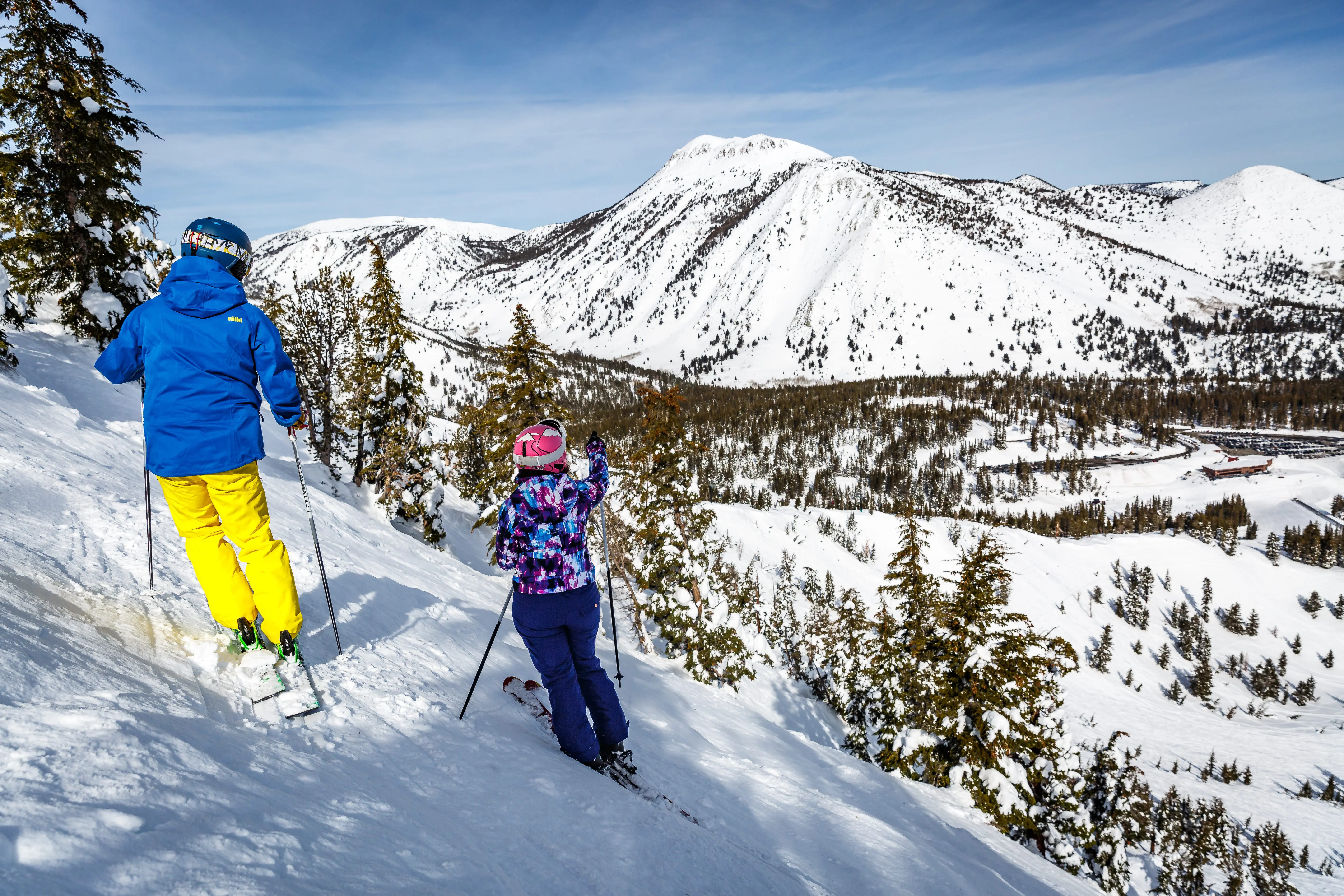 Skiers in the chutes look towards Mt. Rose proper and main lodge.