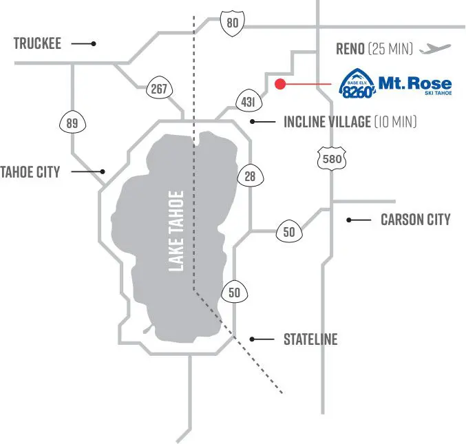 Mt. Rose Map illustrating the location of Mt. Rose Ski Tahoe, showing nearby areas such as Reno (25 minutes away), Incline Village (10 minutes away), Tahoe City, Truckee, Stateline, and Carson City. Lake Tahoe is prominently displayed in the center to help guide those getting to Mt. Rose easily.
