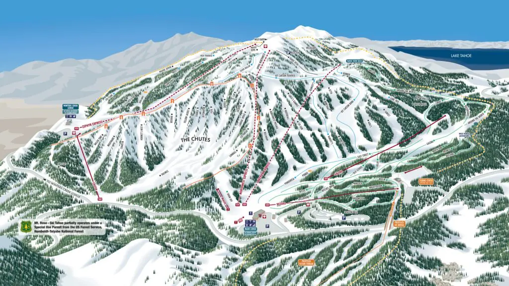 A detailed trail map of Mt. Rose ski resort, displaying various ski runs, lifts, and trails across the snowy mountainous terrain with clear labels and color-coded difficulty levels. The backdrop features Lake Tahoe and surrounding areas, with The Chutes section highlighted. Mt. Rose Ski Tahoe