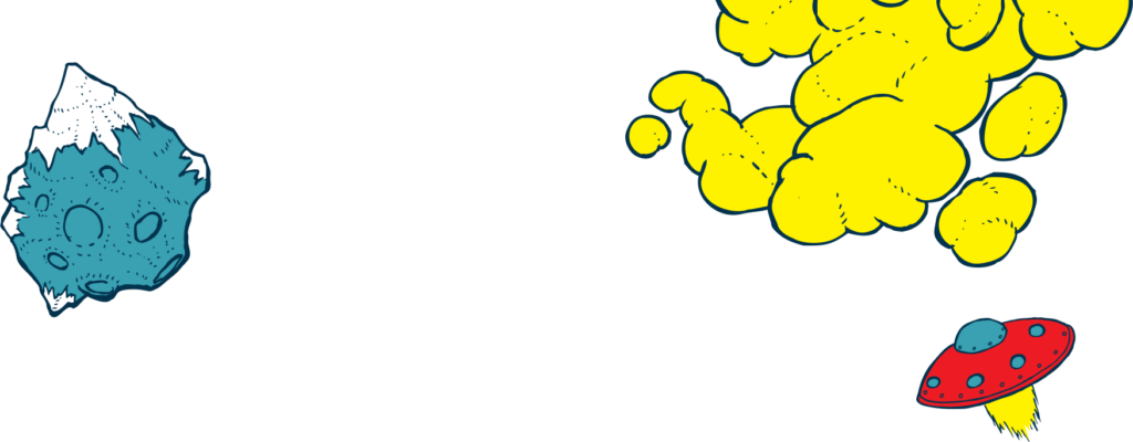 A cartoon asteroid with a snowy cap drifts through space like a whimsical snowsports scene. Nearby, a red UFO emits yellow smoke as it flies, leaving an adventurous trail behind. The stark black background accentuates the vibrant colors of this cosmic spectacle. Mt. Rose Ski Tahoe