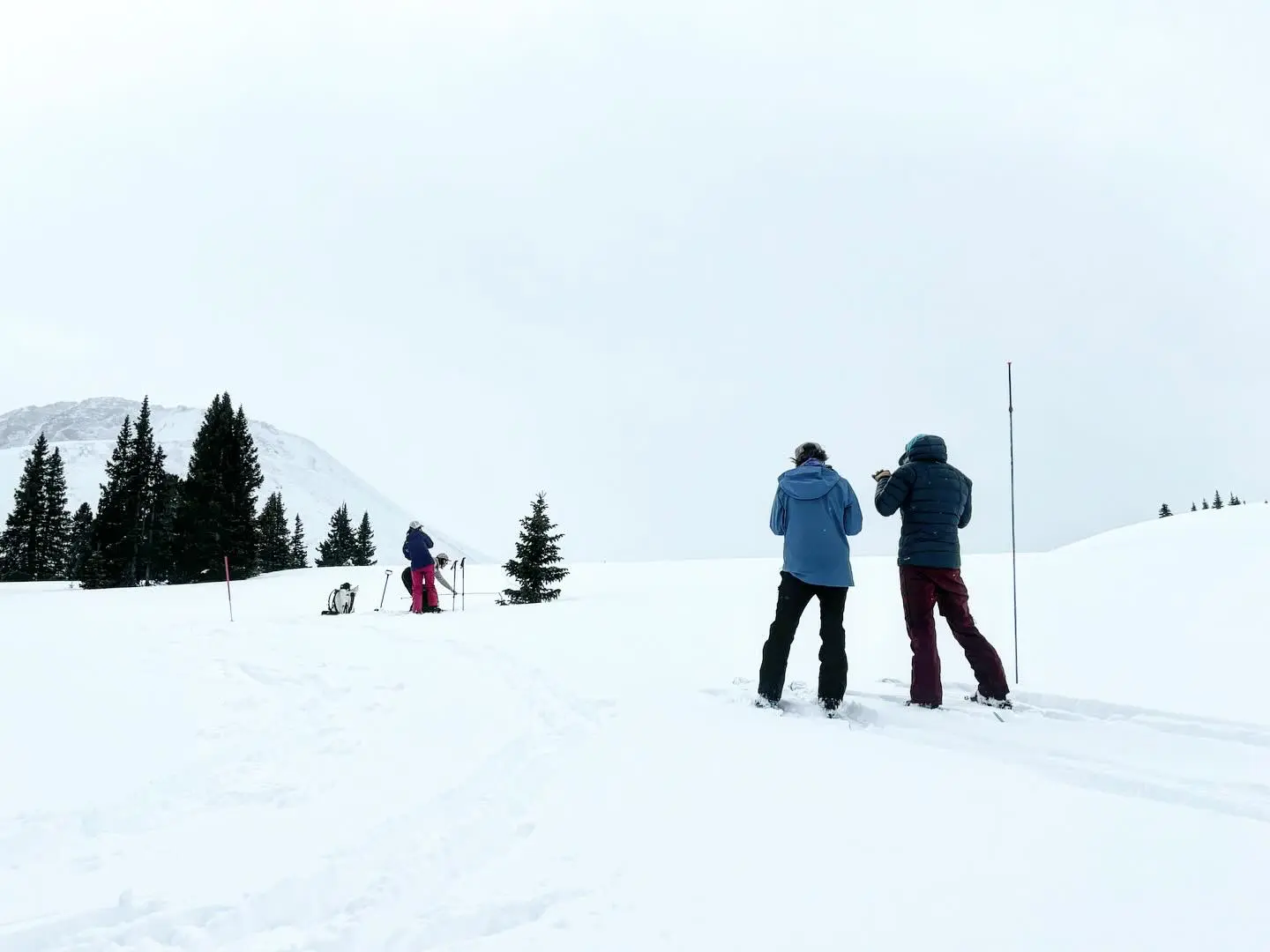 Three people on a snowy mountain landscape: one in a blue coat and one in a dark coat with skis, while another further ahead walks uphill. Evergreen trees and mountain peaks are visible in the background under a cloudy sky. Mt. Rose Ski Tahoe