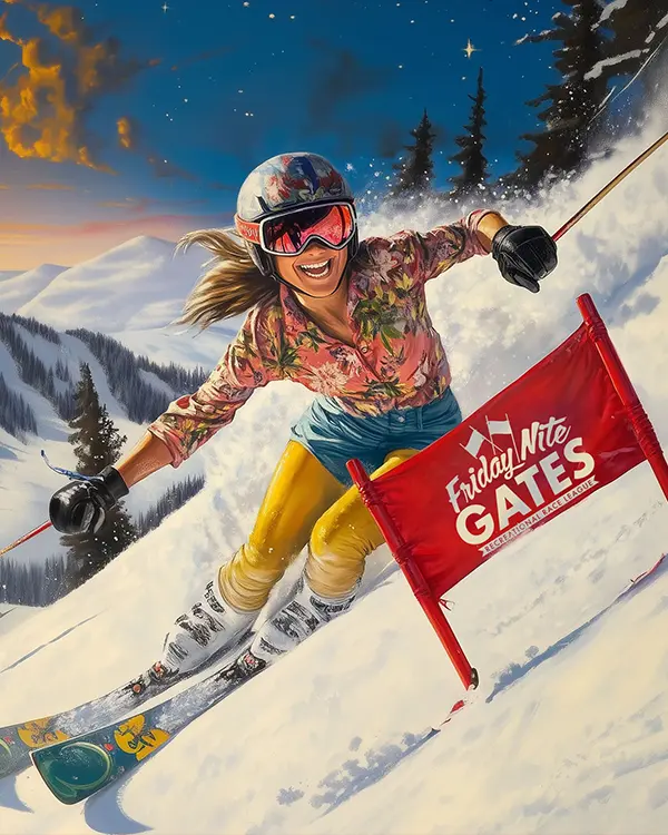 A skier wearing a colorful floral top and helmet races downhill on a snowy mountain at Ski Tahoe. They are smiling and passing a red gate marked "Friday Nite Gates". Snow-capped peaks and evergreen trees are in the background under a blue sky. Mt. Rose Ski Tahoe
