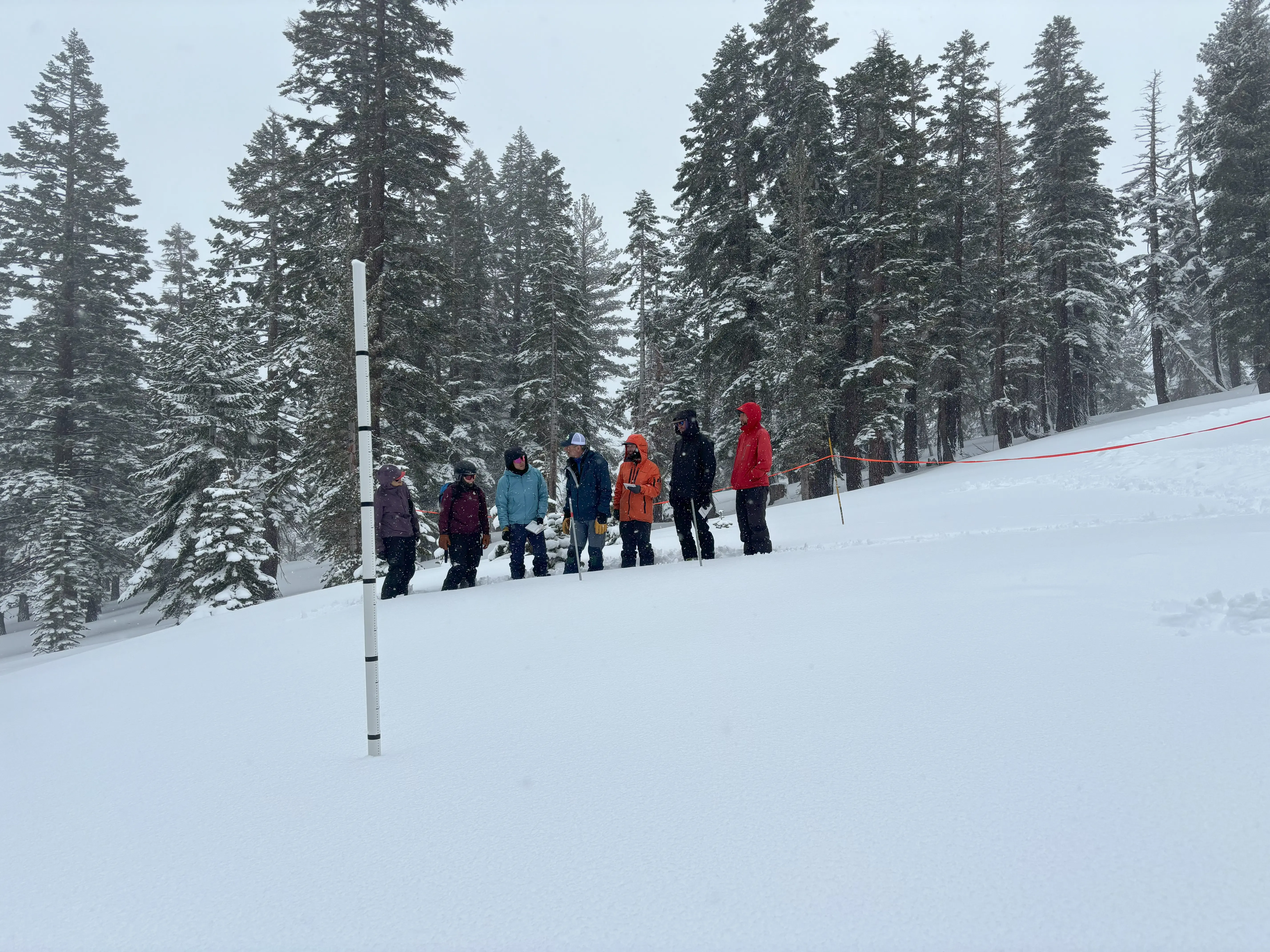 A group of people dressed in winter clothing stand on a snowy slope surrounded by tall pine trees. A pole with snow measurements is in the foreground. The sky is overcast, creating a cold, wintry atmosphere. Mt. Rose Ski Tahoe