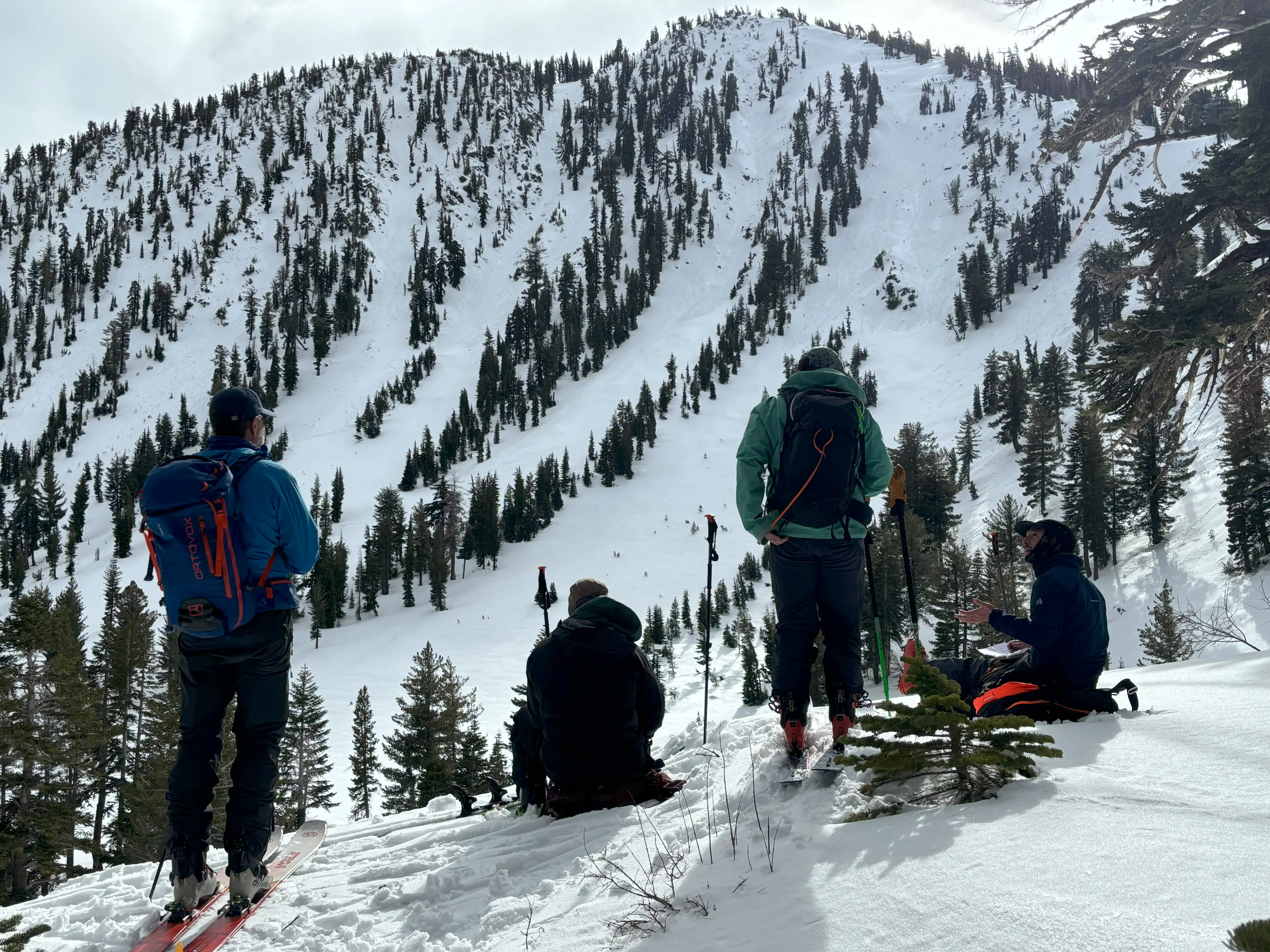 Four people in winter gear stand or sit on a snowy slope, looking towards a mountain covered with pine trees. One person holds ski poles, and skis are visible. The scene is overcast, and the mood is contemplative. Mt. Rose Ski Tahoe