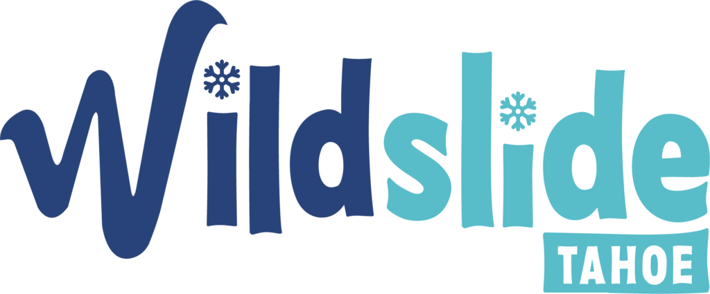 The image shows the logo for "Wildslide Tahoe" in playful blue lettering with snowflake designs on the letters. Mt. Rose Ski Tahoe