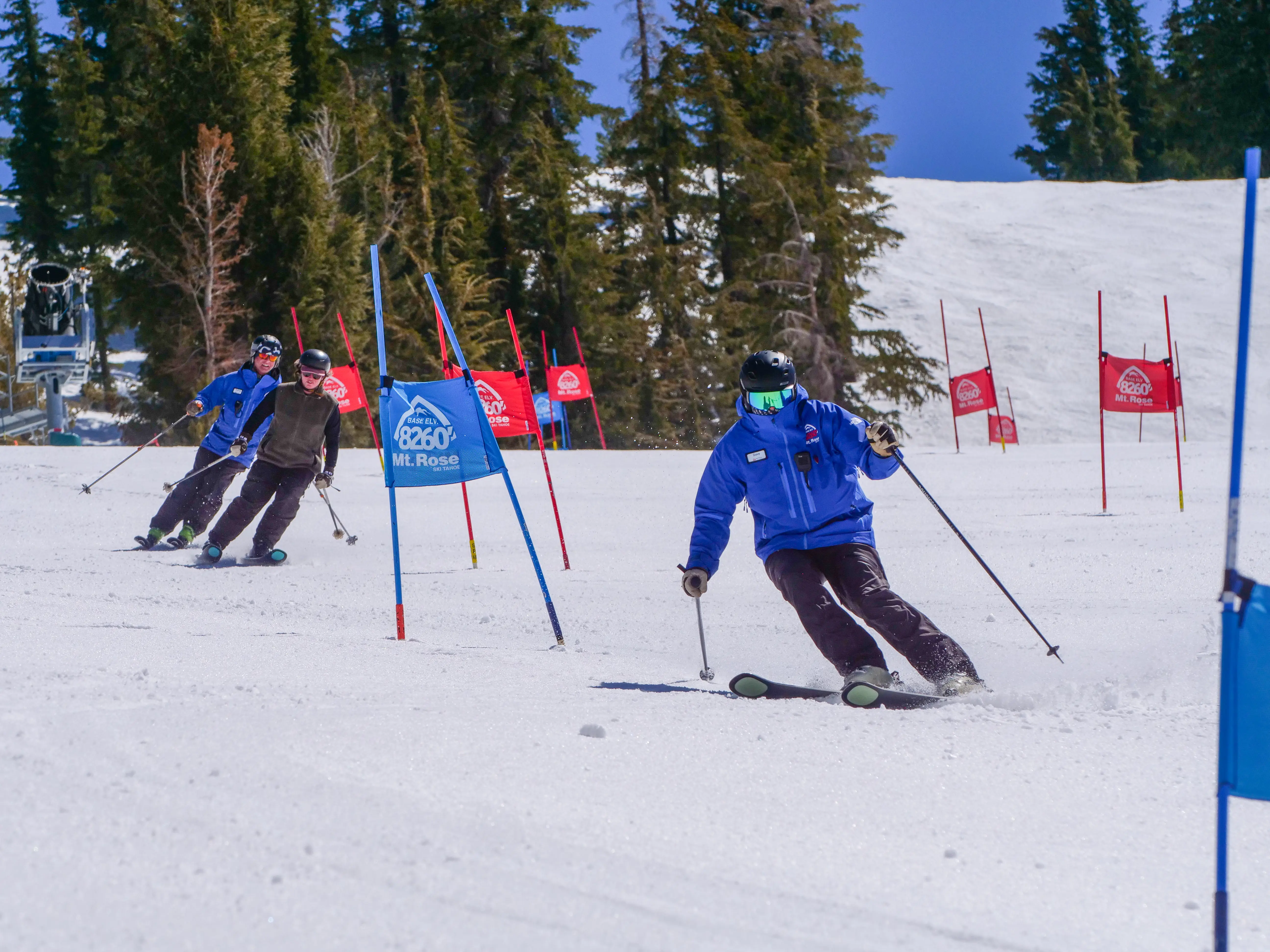 Three skiers wearing jackets and helmets navigate a slalom course marked by blue and red flags on a snowy mountain slope, with tall evergreen trees in the background. Mt. Rose Ski Tahoe