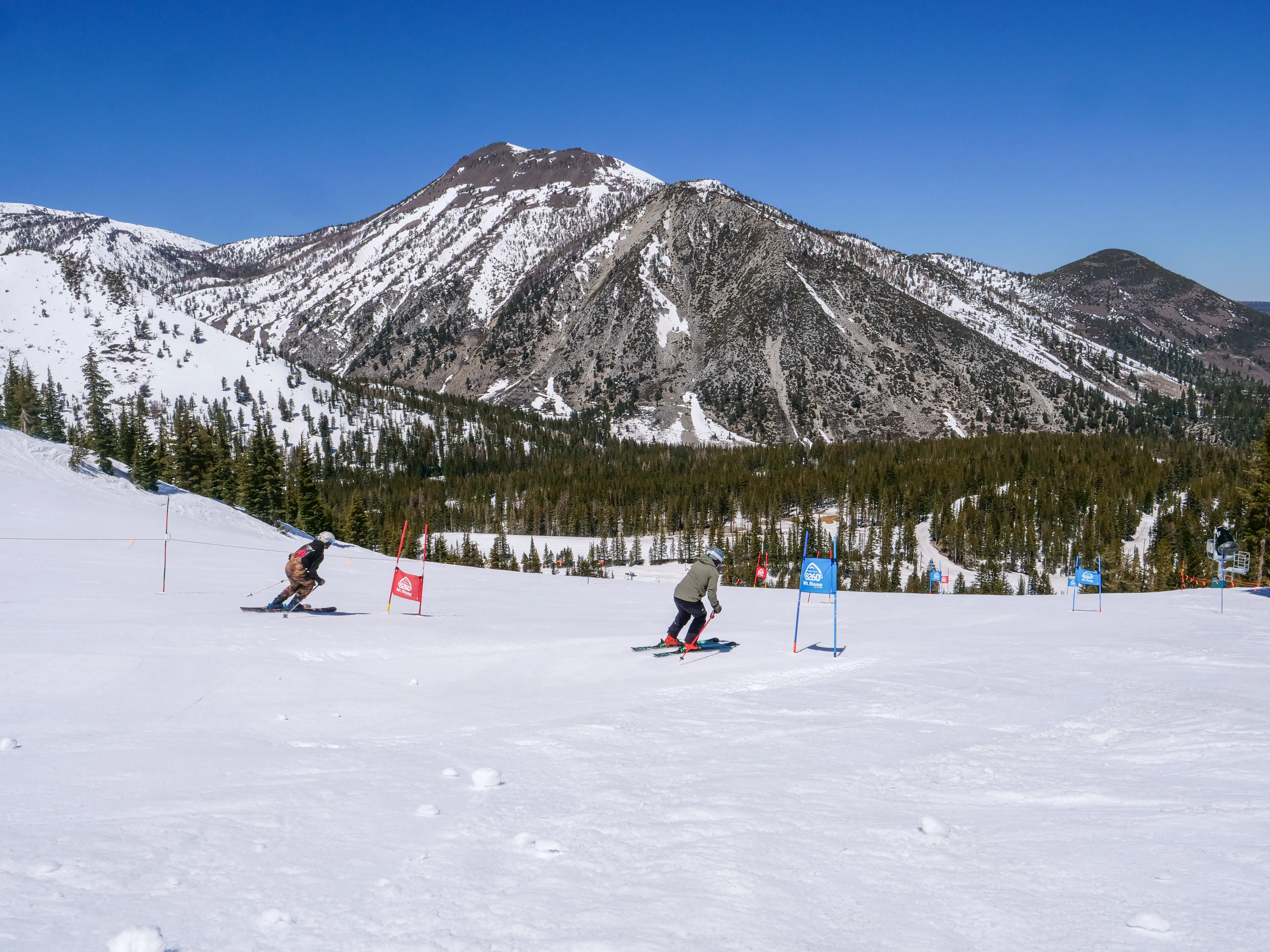 Two skiers race downhill on a snowy slope marked with gates, surrounded by pine trees and mountain peaks under a clear blue sky. Mt. Rose Ski Tahoe