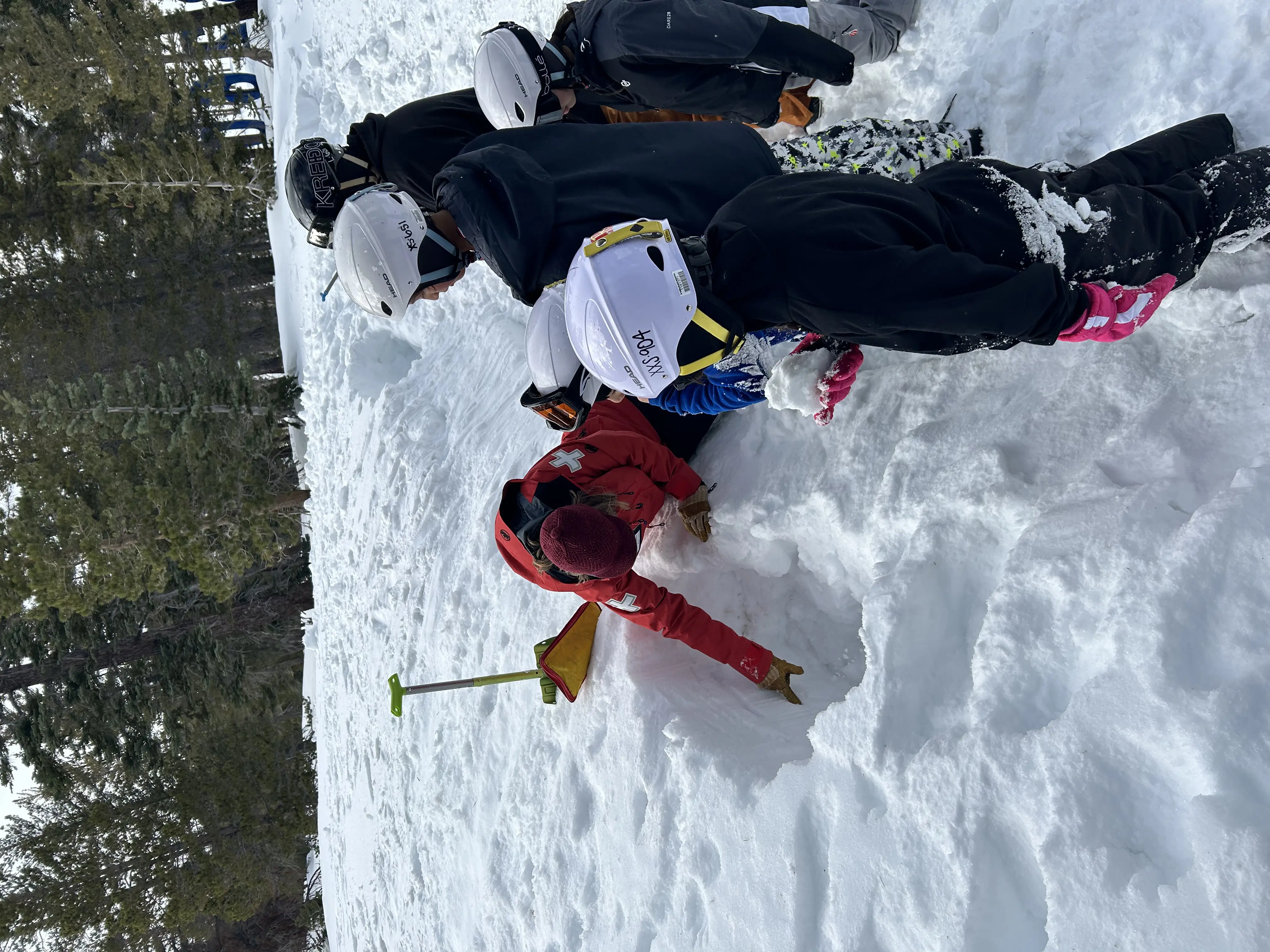 A person in a red jacket demonstrates something in the snow to a group of children wearing helmets and winter gear, with trees and more snow in the background. A yellow snow shovel is stuck in the snow nearby. Mt. Rose Ski Tahoe