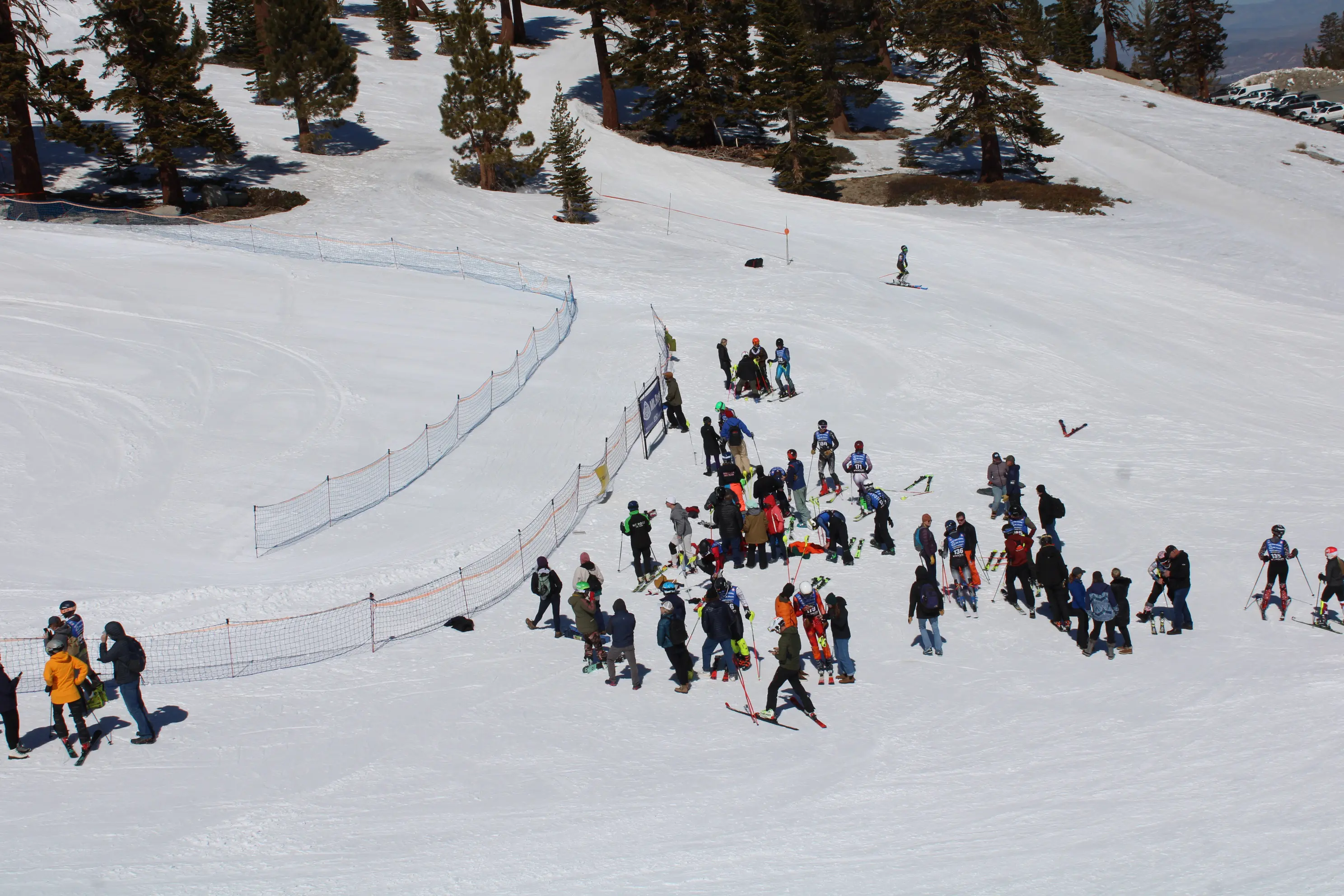 A group of people, mostly skiers, gather on a snowy mountain slope near a fenced-off area with scattered trees in the background. Some people stand, while others prepare to ski down. Mt. Rose Ski Tahoe