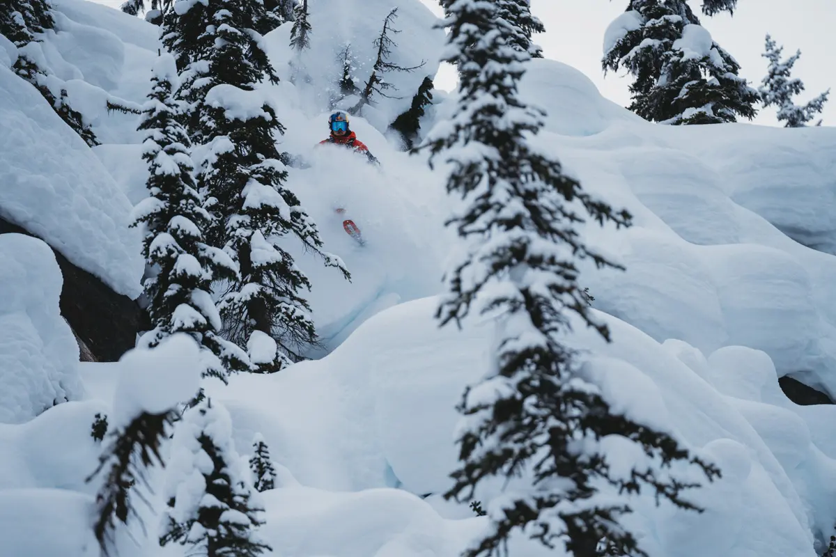 A skier in a red jacket and blue helmet rides down a snowy, forested slope, surrounded by snow-covered trees and powder. Mt. Rose Ski Tahoe A skier in a red jacket and blue helmet rides down a snowy, forested slope, surrounded by snow-covered trees and powder. Mt. Rose Ski Tahoe
