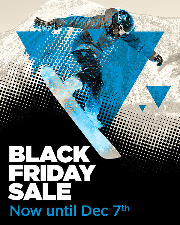 A snowboarder mid-jump with mountains in the background. Overlay text reads: "Black Friday Sale. Now until Dec 7th." Blue and black graphic elements accent the image—perfect inspiration to Ski Tahoe this season. Mt. Rose Ski Tahoe
