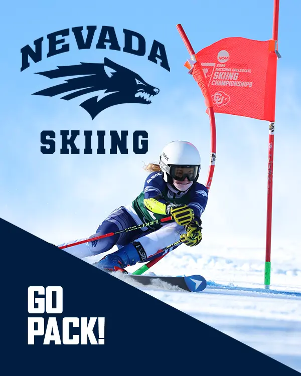 A skier in Nevada team gear navigates a slalom course on snowy slopes at Ski Tahoe, with "NEVADA SKIING" and a wolf logo above, and "GO PACK!" text on a navy banner below. A red NCAA Skiing Championships gate is in the background. Mt. Rose Ski Tahoe