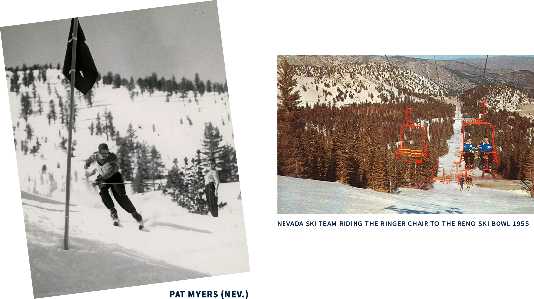 Two images: left, a black-and-white photo of a skier racing downhill with snowy trees, capturing the thrill of Nevada skiing; right, a color photo of people on a red ski lift gliding over a snow-covered mountain and pine trees. Mt. Rose Ski Tahoe