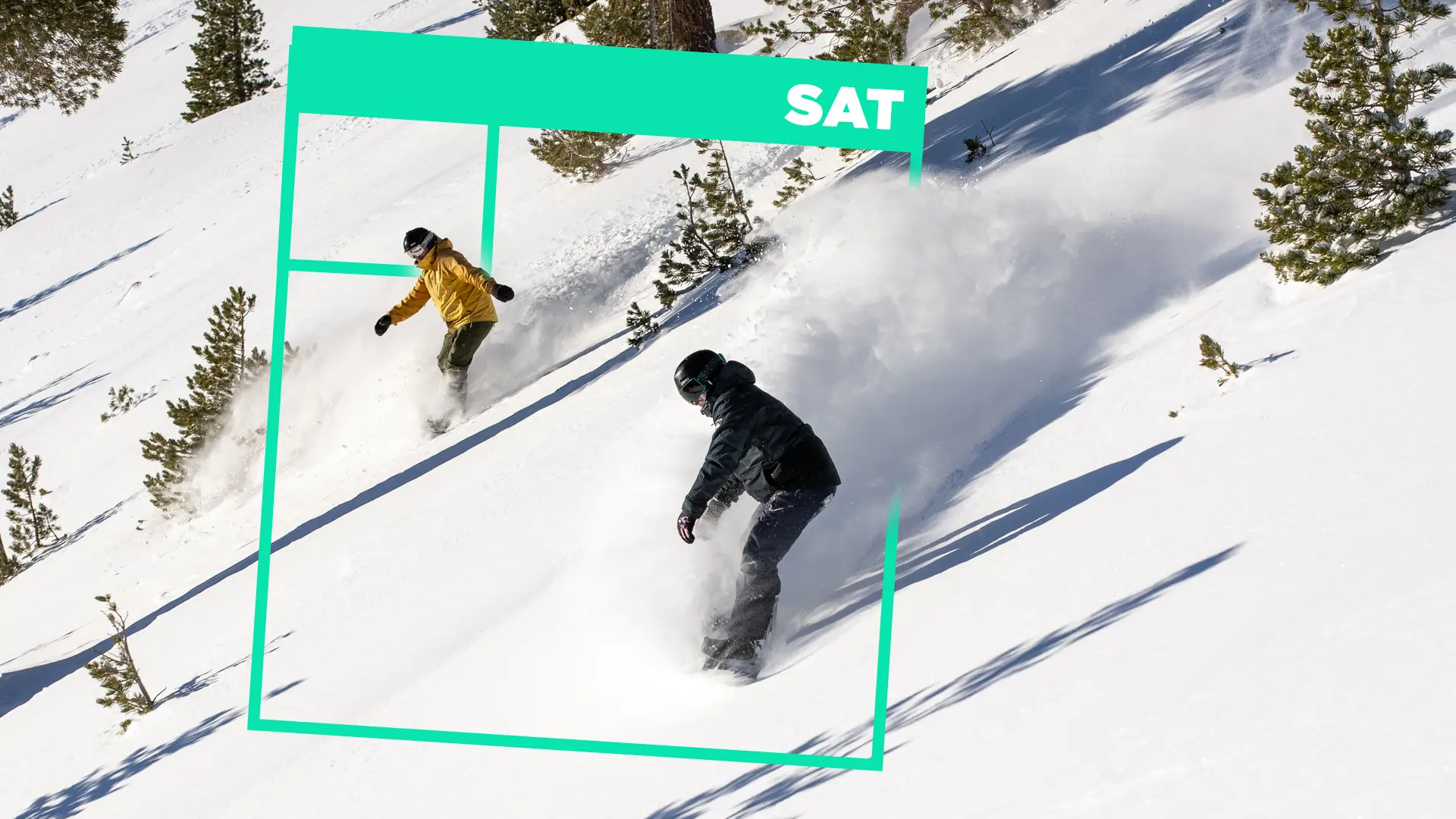 Two snowboarders ride down a snowy mountain slope lined with small pine trees. "SAT" and "daily special" appear in bold white letters on a green geometric overlay at the top of the image. Mt. Rose Ski Tahoe