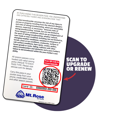 A Mt. Rose ski pass card featuring the Mt. Rose logo, blue text, and terms and conditions. It includes a QR code for Season Passes at Mt. Rose reloads and a sample card ID number at the bottom. Mt. Rose Ski Tahoe