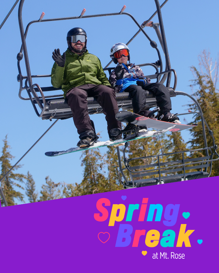 A family of three, decked out in ski gear, enjoys a Ski Tahoe lift ride. The text reads "Child Tickets" and "Includes Free Pizza & Fountain Drink," with a snowy slope and trees painting the perfect winter backdrop. Mt. Rose Ski Tahoe