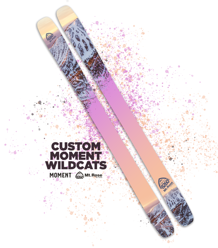 A pair of custom Moment Wildcats skis with Mt. Rose branding, featuring a purple and peach gradient with tree silhouettes, displayed on a white background with colorful splatter effects—a perfect match for Season Passes at Mt. Rose. Mt. Rose Ski Tahoe