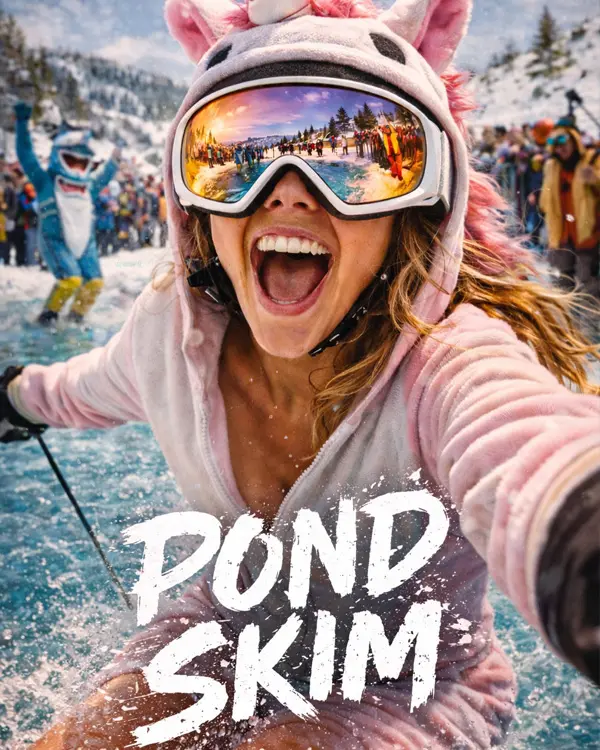 A person in a pink unicorn costume and ski goggles is skiing across a pond, smiling excitedly. A crowd and a person in a shark costume are in the background. The words "POND SKIM" are boldly written at the bottom. Mt. Rose Ski Tahoe