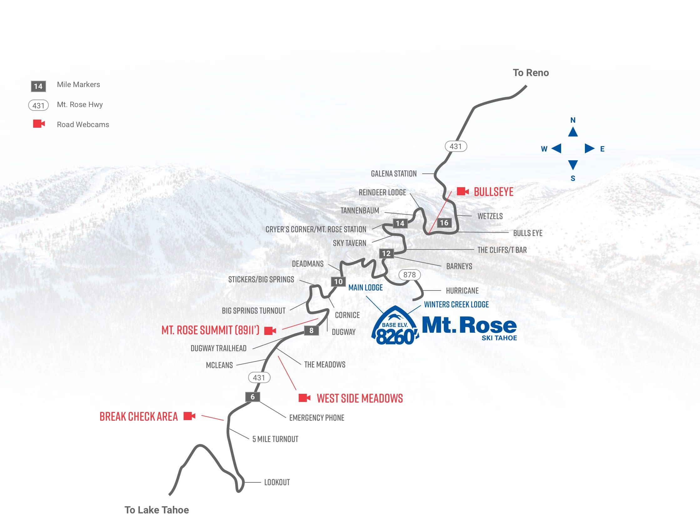 Mt. Rose A detailed map of Mt. Rose Ski Tahoe resort in Nevada, showing various trails, lodges, and ski lifts. Notable locations include the Mt. Rose Summit (8917 feet), Winters Creek Lodge, Main Lodge, and Break Check Area. Major routes for getting to Mt. Rose from Reno and Lake Tahoe are marked.