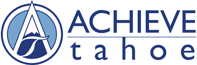 Logo of Achieve Tahoe featuring a stylized mountain and river within a circle, symbolizing accessibility. To the right, the words "ACHIEVE tahoe" are written in bold blue text. Mt. Rose Ski Tahoe