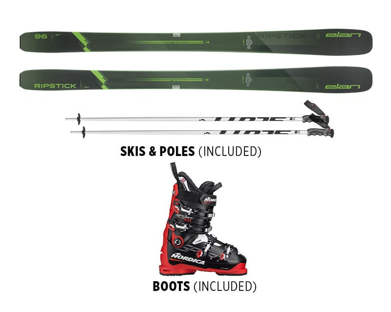 Image of a ski rental package featuring vibrant green Elan Ripstick 96 skis, matching poles, and a pair of striking red Nordica ski boots. Text reads "Skis & Poles (included)" and "Boots (included). Mt. Rose Ski Tahoe