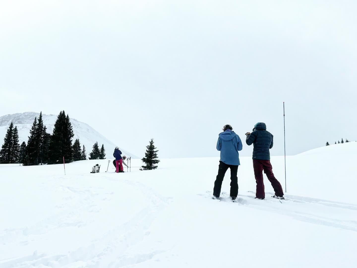 Three people on a snowy mountain landscape: one in a blue coat and one in a dark coat with skis, while another further ahead walks uphill. Evergreen trees and mountain peaks are visible in the background under a cloudy sky. Mt. Rose Ski Tahoe