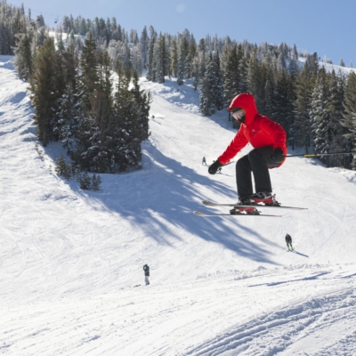 A skier in a red jacket and black pants is mid-air against a snowy slope with pine trees under a clear blue sky. Several other skiers can be seen in the background. Mt. Rose Ski Tahoe