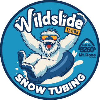 Illustration of a joyful yeti wearing sunglasses, sliding down on a snow tube. The text reads "Wildslide Tahoe Snow Tubing" and "Base Elev. 8260' Mt. Rose" on a blue circular badge. Mt. Rose Ski Tahoe