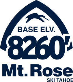 Logo with a stylized mountain, a bird silhouette, and the text: "BASE ELV. 8260' Mt. Rose Ski Tahoe," capturing the spirit of Nevada skiing. Mt. Rose Ski Tahoe