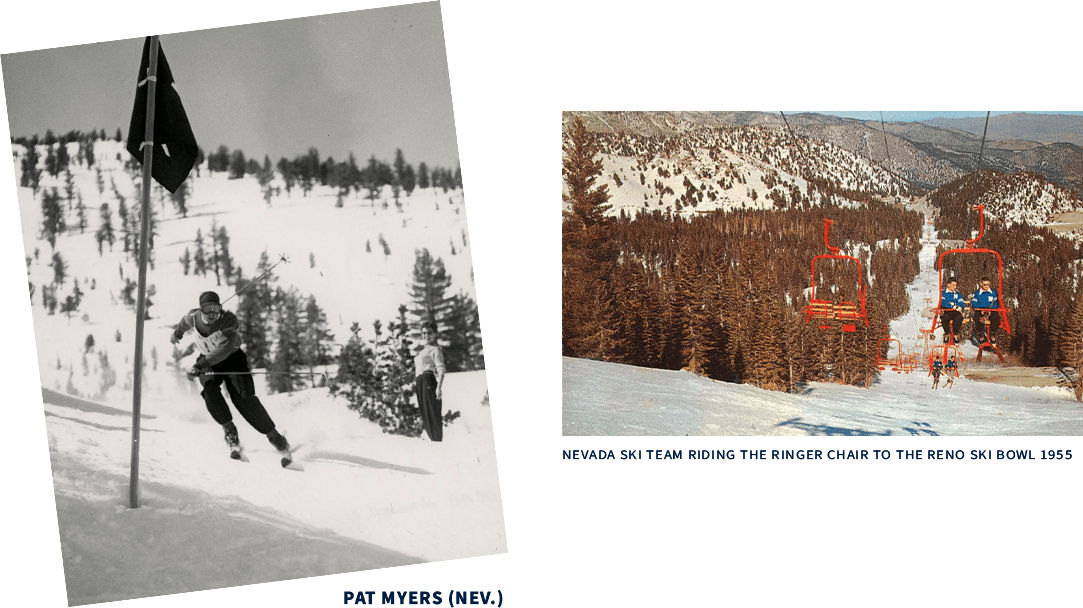 Two images: left, a black-and-white photo of a skier racing downhill with snowy trees, capturing the thrill of Nevada skiing; right, a color photo of people on a red ski lift gliding over a snow-covered mountain and pine trees. Mt. Rose Ski Tahoe