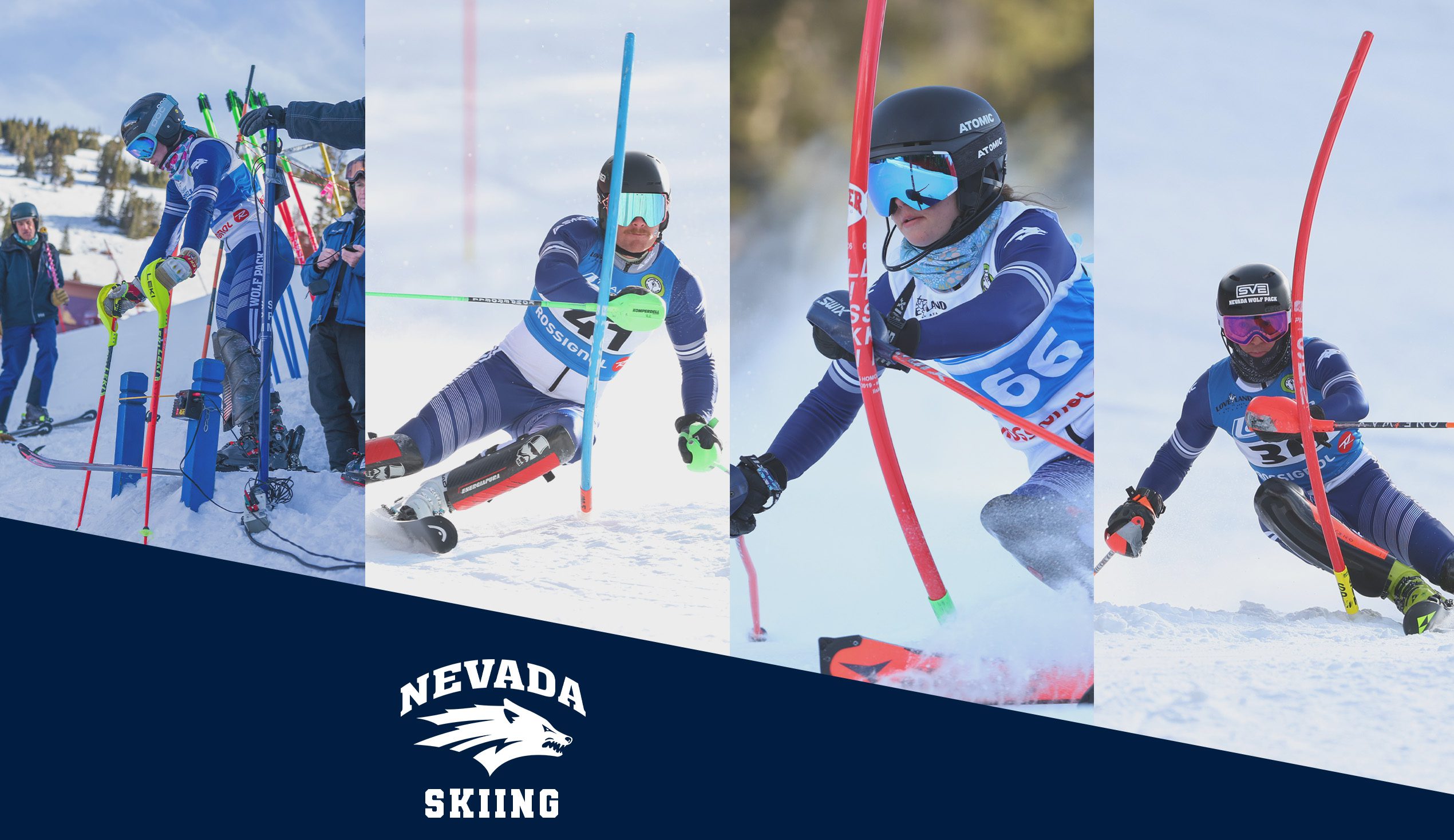 Four alpine skiers in blue uniforms with the Nevada Wolf Pack logo race through slalom gates on a snowy course, each navigating colored poles at high speed. A banner below proudly displays “Nevada Skiing” with the wolf head logo. Mt. Rose Ski Tahoe