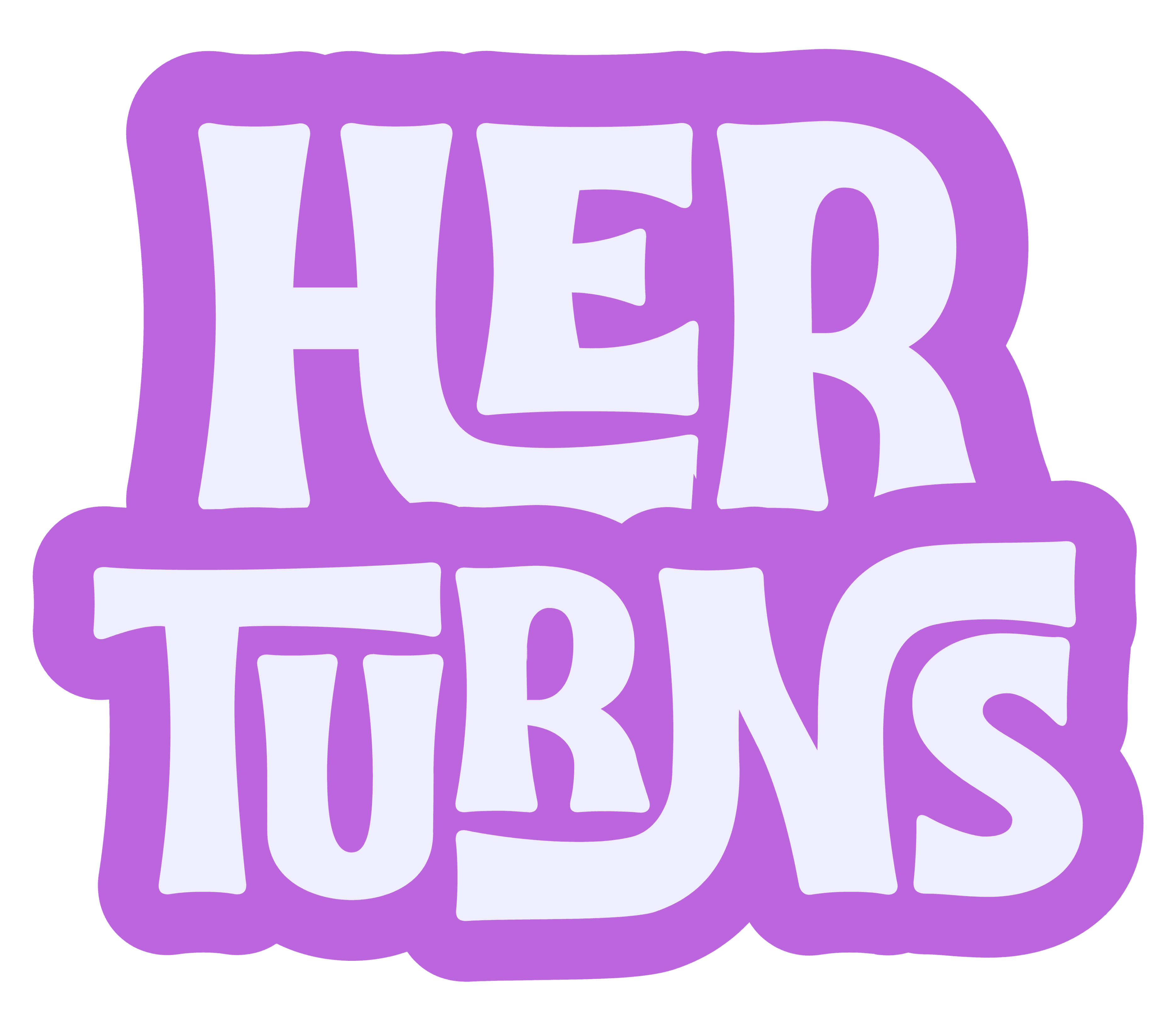 The image shows the words "HER TURNS" in bold, white, stylized letters with a thick, wavy purple outline around the text, evoking the vibrant energy of a film festival. Mt. Rose Ski Tahoe