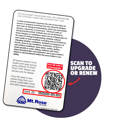 A Mt. Rose ski pass card featuring the Mt. Rose logo, blue text, and terms and conditions. It includes a QR code for Season Passes at Mt. Rose reloads and a sample card ID number at the bottom. Mt. Rose Ski Tahoe