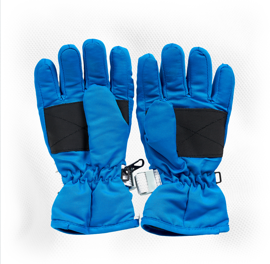 Pair of blue winter gloves with black palm patches and adjustable wrist straps, ideal for kids ski lessons. Mt. Rose Ski Tahoe
